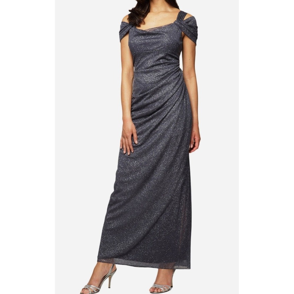 Alex Evening Off Shoulder Ruffle Gun Metal Gray Glitter Chiffon Gown Dress Sz 16